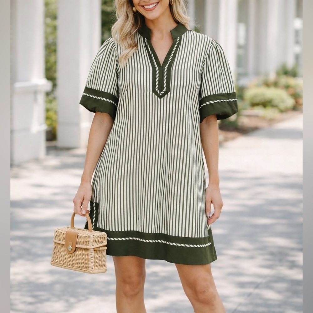 Entro Green and White Striped Mini Dress